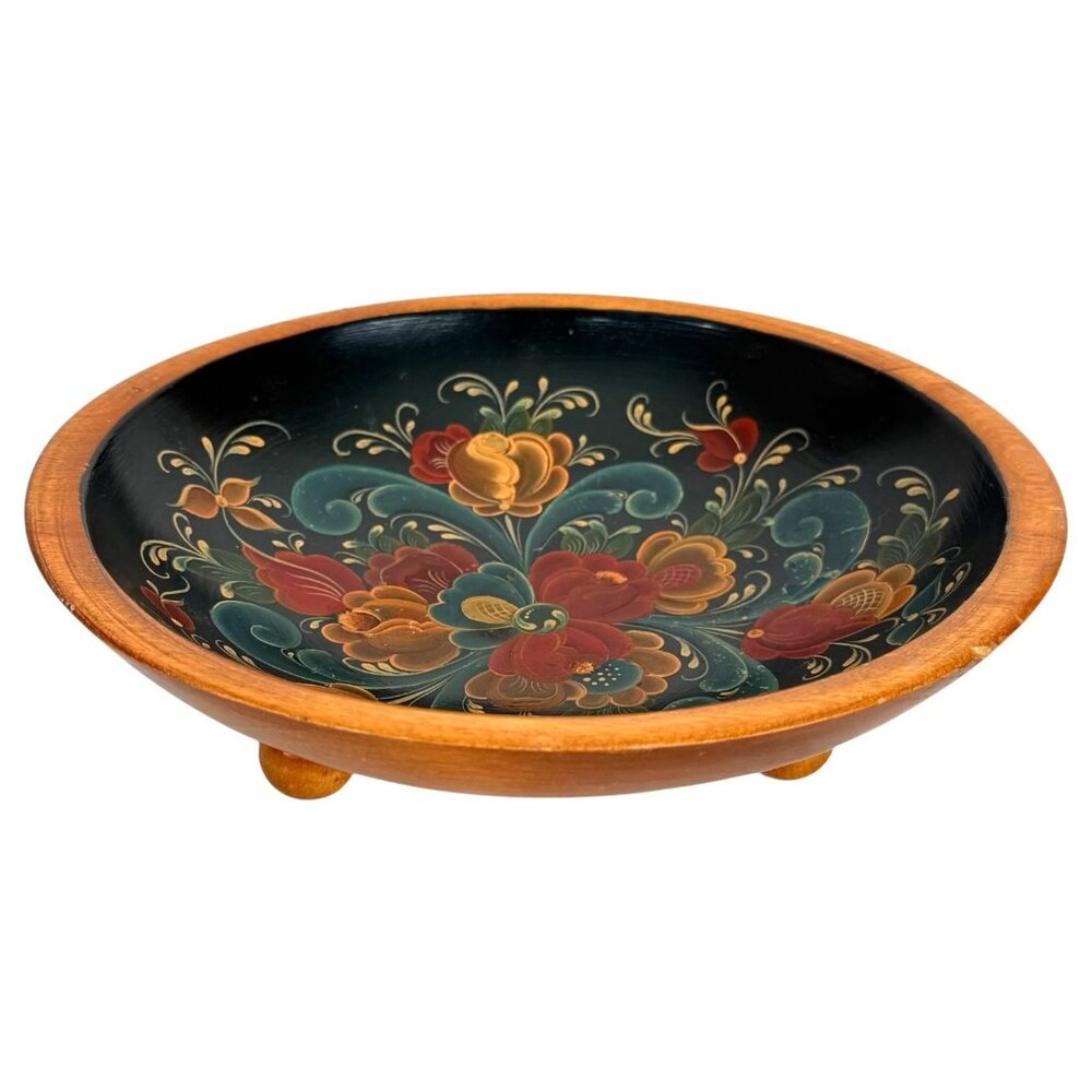 Vintage 1995 Tole Hand Painted Wooden Bowl Floral Design On Black Footed Base